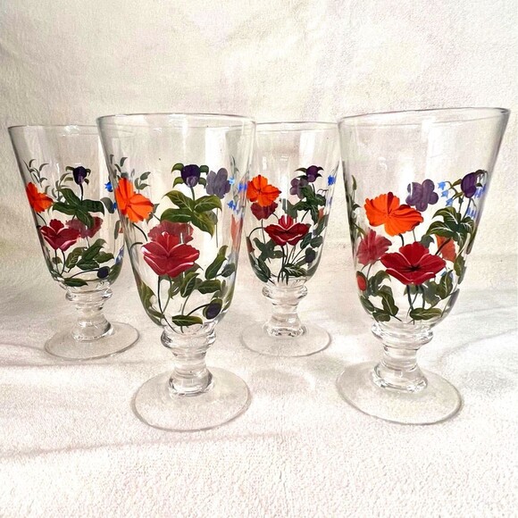 VINTAGE HAND PAINTED Enamel 8” Goblets Glasses Wine Water Iced Tea Flowers - Picture 1 of 14